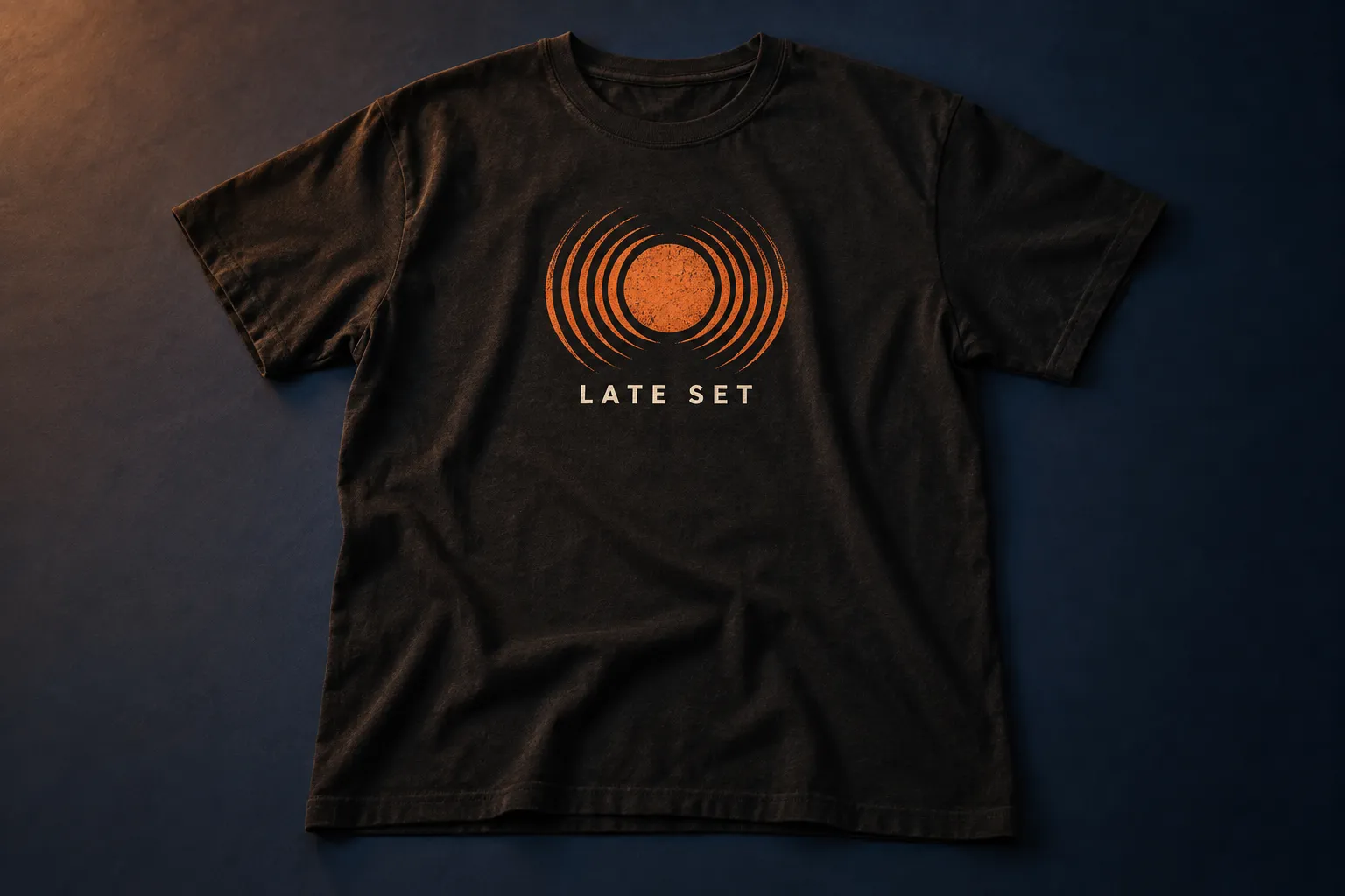 Black Late Set tour tee with an orange soundwave print, laid flat on navy.