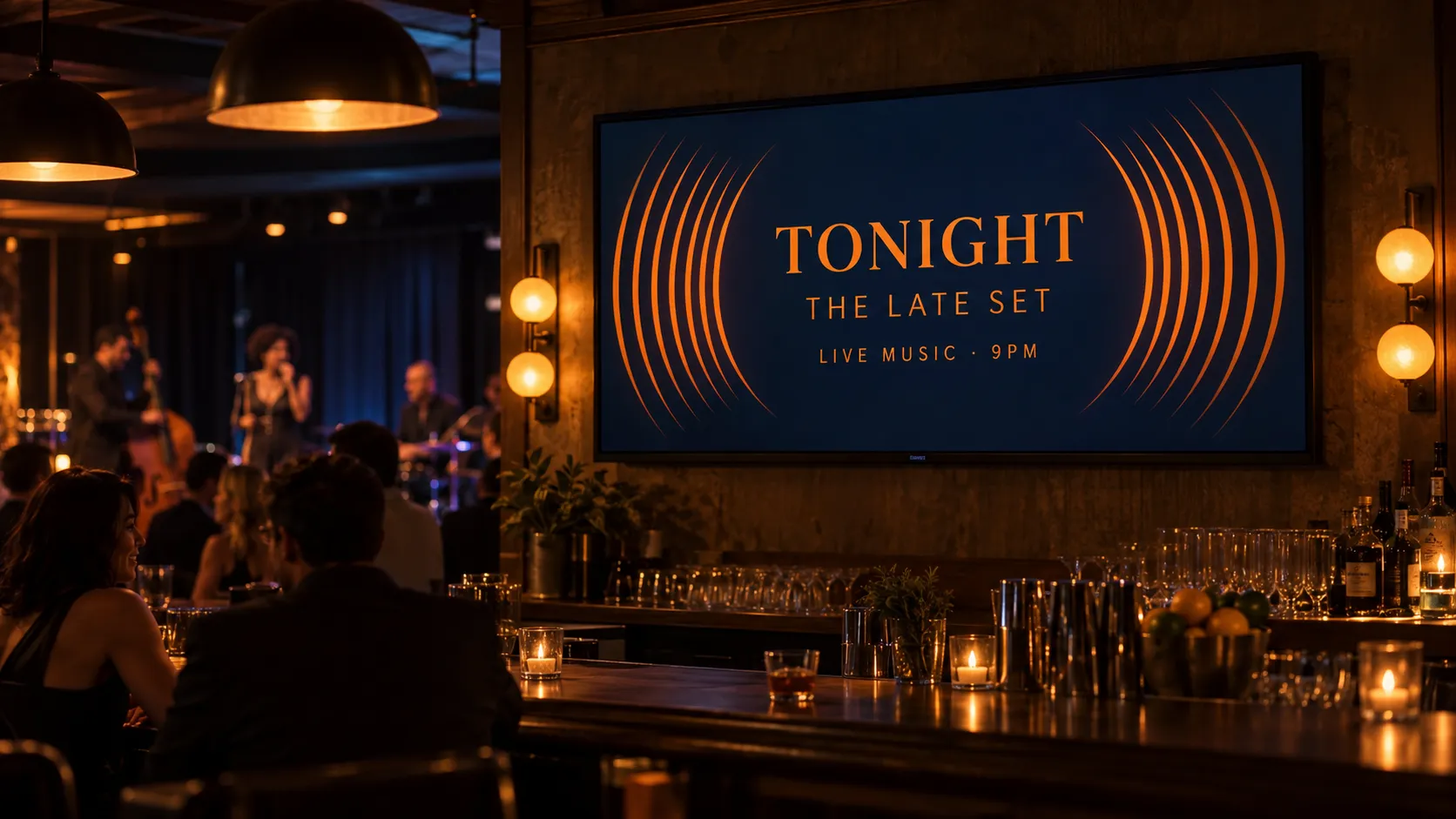 A screen above a dim venue bar announcing tonight's lineup, The Late Set, live music at 9pm, while the band plays on stage behind the guests.